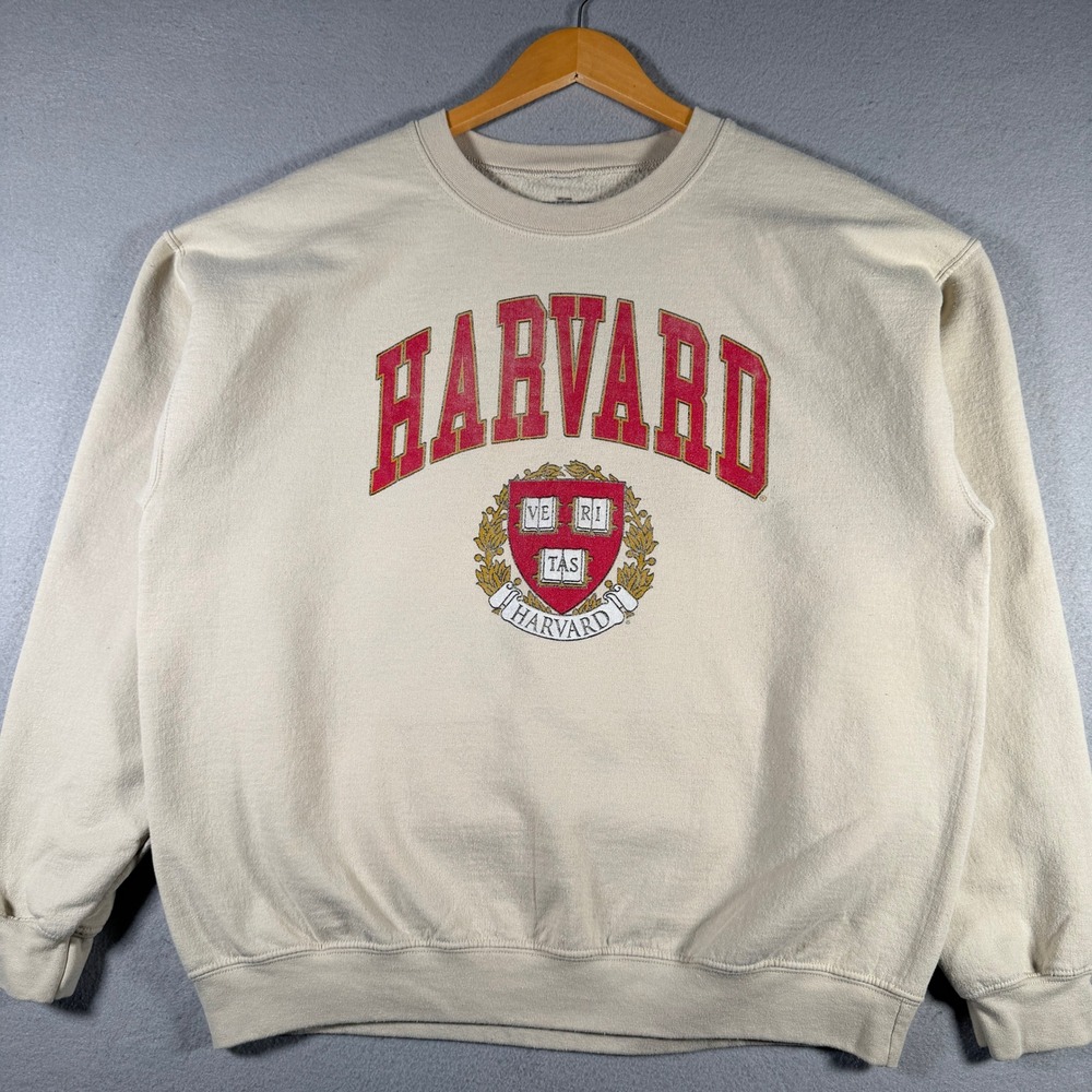 Harvard University Crewneck Sweatshirt Large Cream Red Veri Tas Crest Graphic